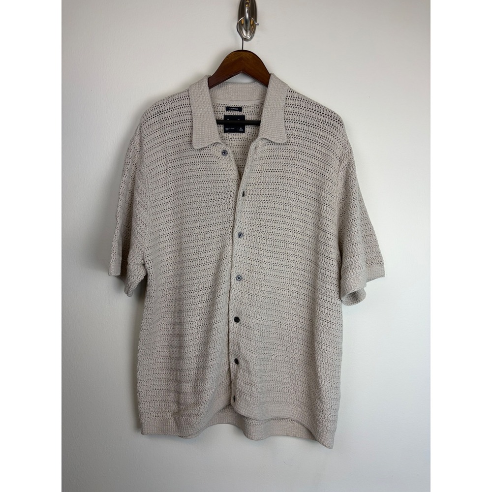 Abercrombie & Fitch Button Up Polo Shirt XL Tan Knit Cropped Short Sleeve Beach